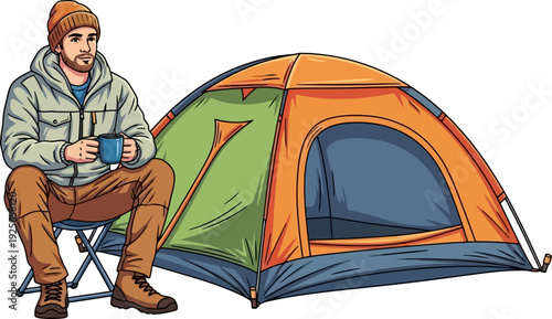 Relaxed camper enjoying a hot morning beverage while sitting outside his tent in the fresh mountain air