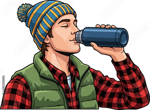 Resilient outdoorsman finding warmth by drinking a hot beverage from a thermos during a cold winter hiking expedition