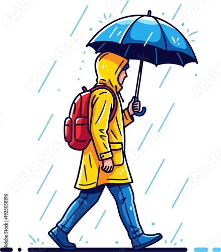 Resilient traveler in a vibrant yellow raincoat navigating a heavy downpour with a blue umbrella in a bold comic illustration style