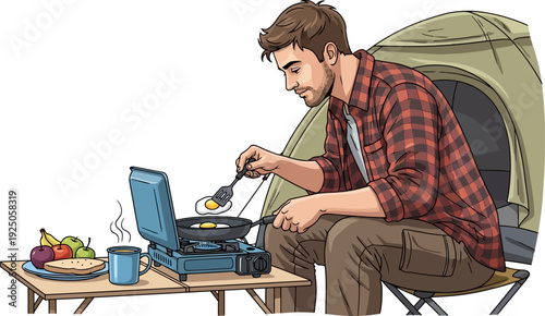Resourceful hiker frying eggs on a portable gas stove for a nutritious breakfast outside his tent in the wild