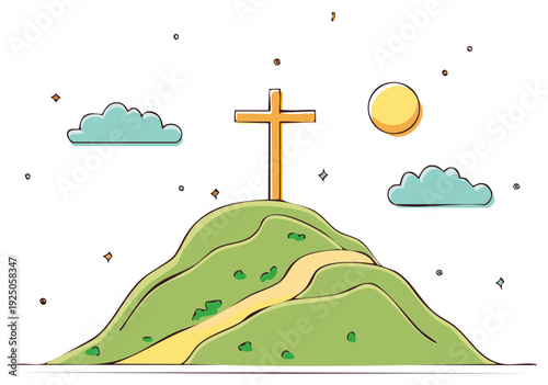 Hand drawn illustration of a Christian cross on a green hilltop with a path to the summit under a sunny sky
