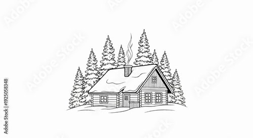 A cozy, snow-covered log cabin nestled among evergreen trees with smoke from chimney