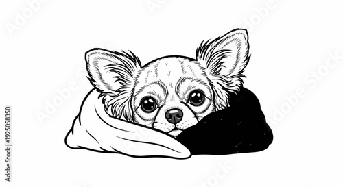 A cute drawing of a small dog peeking from under a blanket
