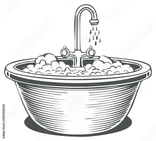 Vintage Bathtub with Faucet, Water Droplets, and Foamy Soap Suds