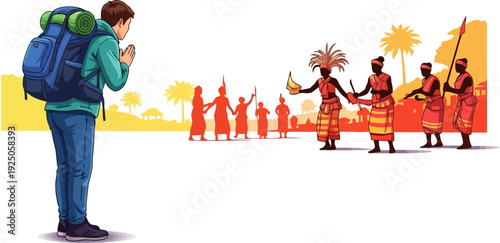 Respectful cultural enthusiast offering a traditional greeting to a group of indigenous dancers in a vibrant sunset-hued landscape illustration