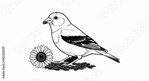 A detailed illustration of a bird perched on a pile of seeds next to a sunflower