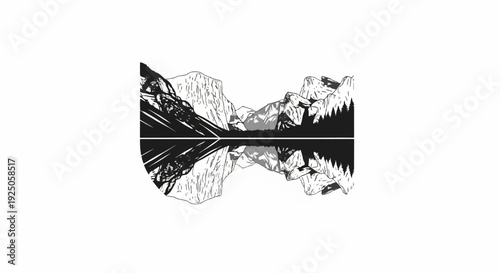 Stylized black and white illustration of a mountain range reflected in a calm lake