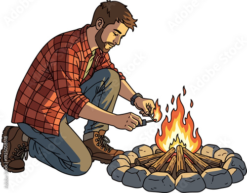 Rustic woodsman kneeling to ignite a stone-lined campfire with matches in the quiet wilderness hand-drawn illustration