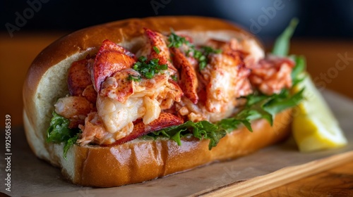 Buttery lobster roll with fresh greens and lemon