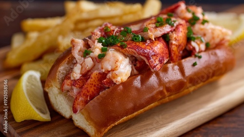 Lobster roll with fries and lemon wedge