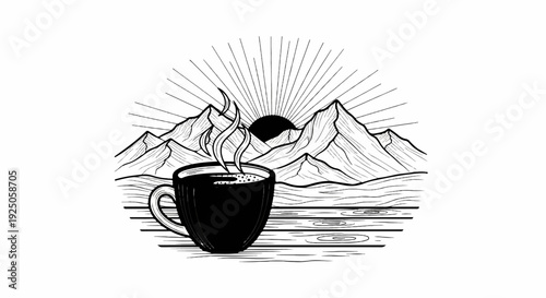 Steaming coffee mug with sunrise over mountains and wooden planks