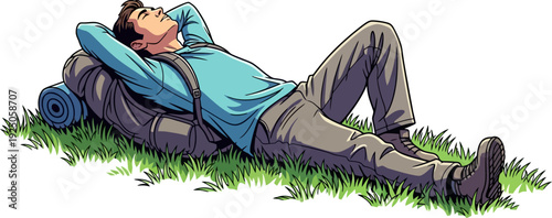 Serene and tranquil male hiker reclining on a carpet of lush green grass while resting his head against a rugged backpack in a moment of profound relaxation clean vector illustration style