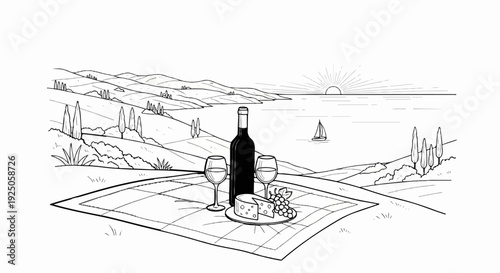 A scenic countryside picnic with wine, cheese, and a sailboat at sunset