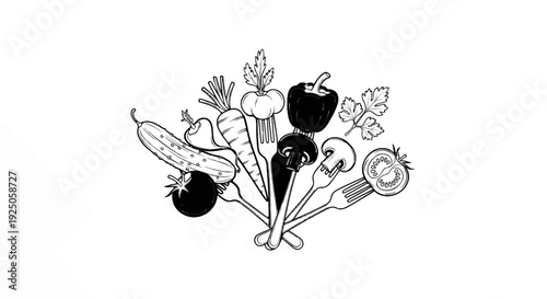 Stylized collection of fresh vegetables skewered on forks