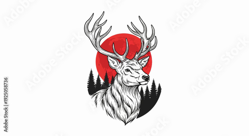 Stag with antlers against a red moon and dark forest