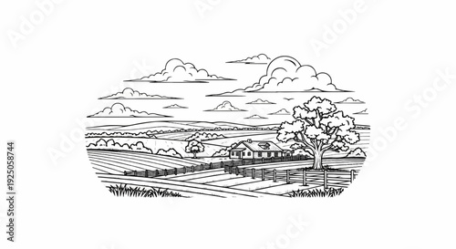 Rural landscape with a house, fields, trees, and clouds