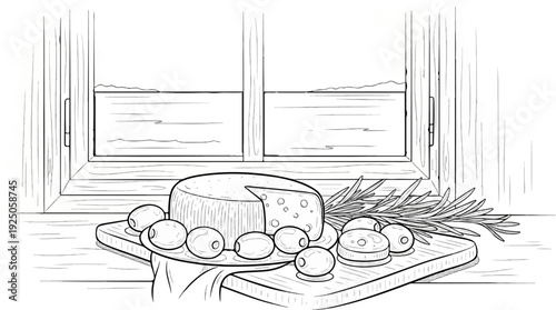 Rustic cheese platter with olives and rosemary on a wooden board by a window