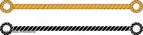 Set of two twisted rope illustrations in natural tan and black with looped ends for nautical and rustic design.
