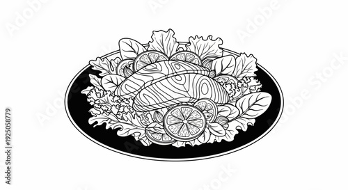 A black and white line drawing of a dish with two salmon fillets, lemon slices, and greens