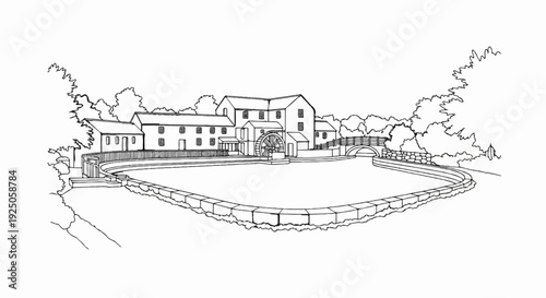 A black and white sketch of an old mill building with a waterwheel and a calm pond