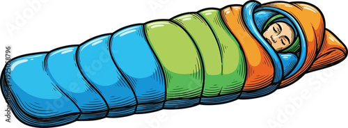 Serene explorer resting peacefully inside a vibrant multicolored sleeping bag during an outdoor excursion artistic rendering