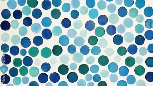 Repeating pattern of small dots in cool tones of cobalt blue, emerald green, and silver grey across a canvas creates a modern design for various uses and applications