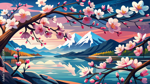 Very beautiful cherry blossoms in close-up framing the reflective waters of Lake Tahoe, blending delicate petals with tranquil mountain scenery.
