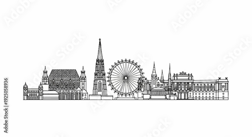 A panoramic architectural line drawing of a historic city skyline
