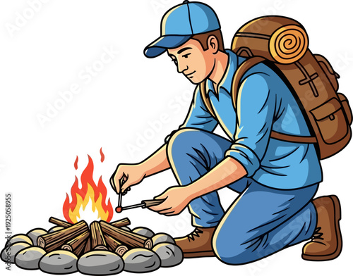 Skillful camper in blue kneeling to start a fire with matches in a stone-ringed pit at an evening campsite