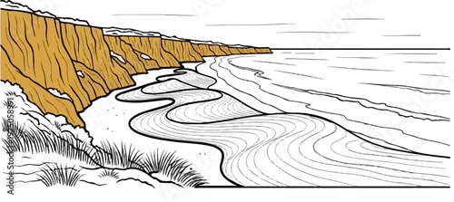 A stylized coastal scene with golden cliffs meeting wavy, sandy shores