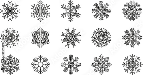 Collection of fifteen unique black and white snowflake illustrations