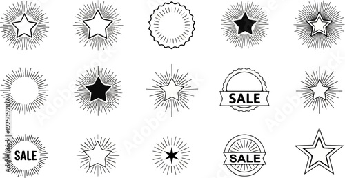 Collection of stylized starburst and circular badge graphic elements with text