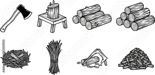 Collection of wood-related items including an axe, logs, and nesting materials