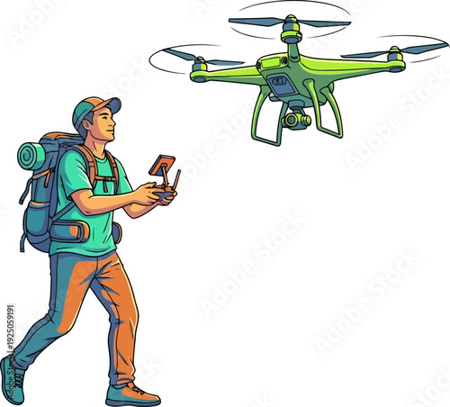 Tech-savvy explorer using a remote controller to fly a green professional drone during a mountain hike illustration