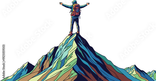 Triumphant explorer standing atop a jagged mountain summit with arms outstretched in a gesture of pure freedom and accomplishment