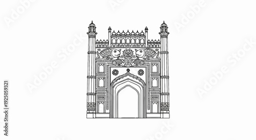 Intricate sketch of an ornate ancient gateway with fish carvings above arch
