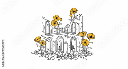 Illustration of crumbling ruins adorned with bright yellow flowers