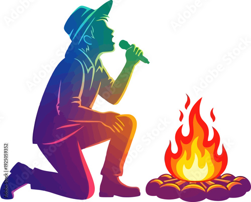 Vibrant and lyrical silhouette of a singer kneeling by a roaring campfire while performing with a microphone in a colorful chromatic art style