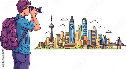 Urban explorer documenting a sprawling city skyline with a professional camera