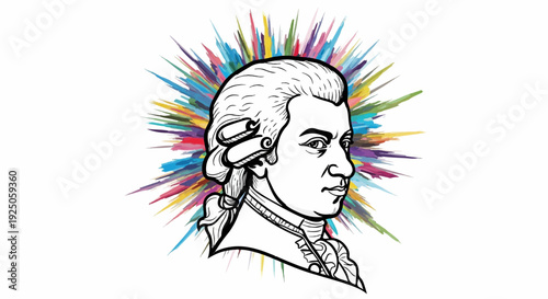 Line art profile of a man with powdered hair against a colorful abstract explosion