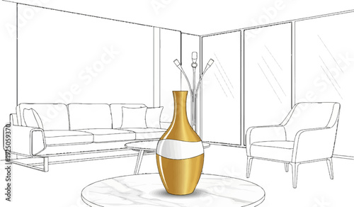 Modern living room with sofa, armchair, coffee table, and vase