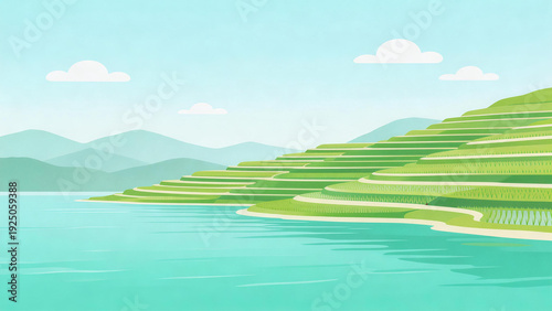 Illustration of a tranquil landscape featuring terraced fields along a calm lake, with rolling mountains and a clear sky in the background, evoking a sense of rural serenity and natural beauty.
