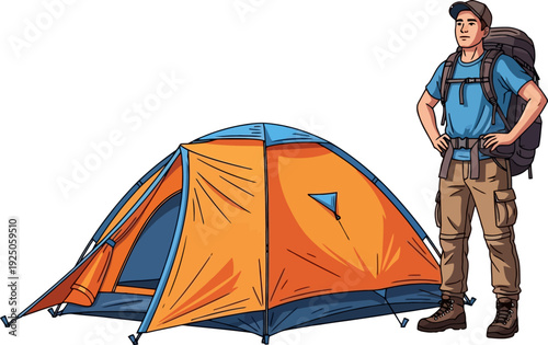 Adventurous and determined male hiker standing proudly next to his orange and blue tent in a clean flat design vector style