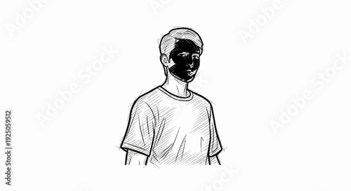 Sketch of a person with one half of the face obscured by shadow