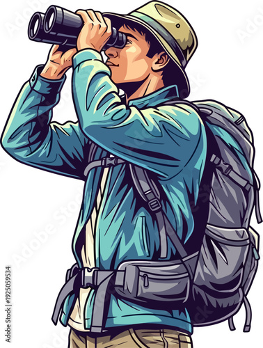 Adventurous explorer with a heavy rucksack peering through binoculars to observe distant wildlife during a wilderness expedition in a bold graphic style