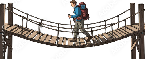 Adventurous male trekker carefully crossing a rustic wooden suspension bridge during a wilderness expedition illustration