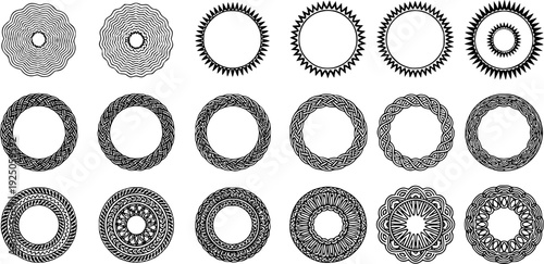 Set of Decorative Round Frames, Ornamental Circle Borders, Nautical Rope Patterns, Celtic Knot Mandalas, Floral Wreath Elements, Black Ink Vector Illustration  
