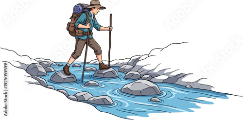 Agile mountain hiker carefully balancing on slippery stones while fording a crystal-clear rushing alpine stream