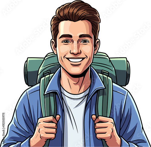 Authentic and joyful young man wearing a green hiking rucksack smiling confidently before embarking on a journey in a modern comic book illustration style
