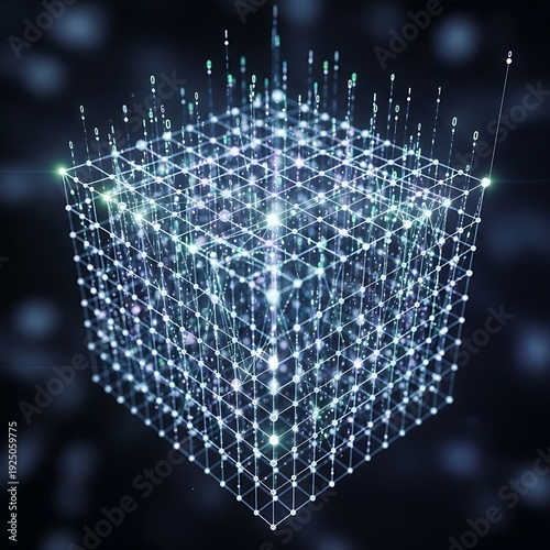 Abstract glowing digital cube structure representing big data processing and artificial intelligence concepts in a futuristic network environment.